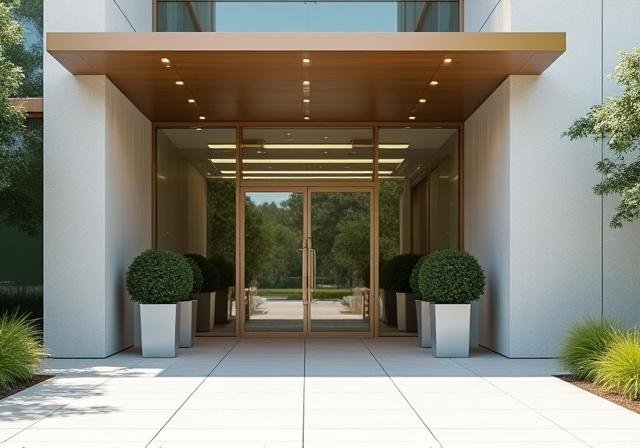 改修後のクリーンでモダンな商業ビルのエントランス